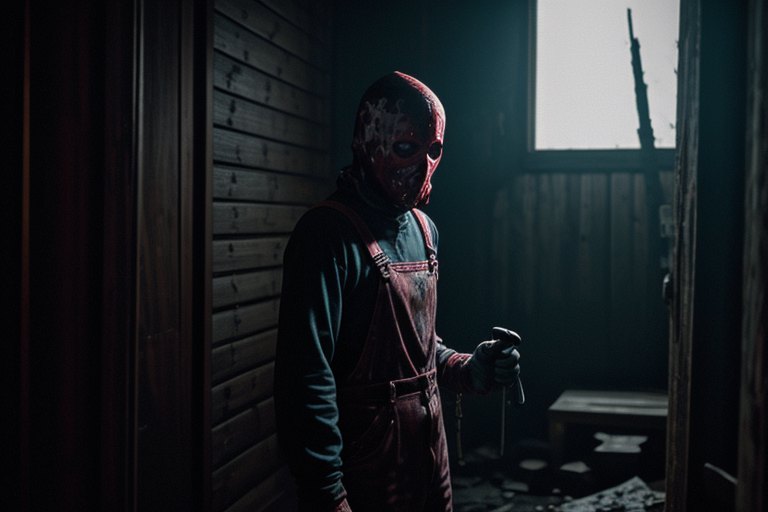 Slasher: the masked killer in the cabin doorway